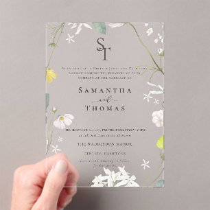Elegant floral Minimalist Initials Wedding Acrylic Invitations