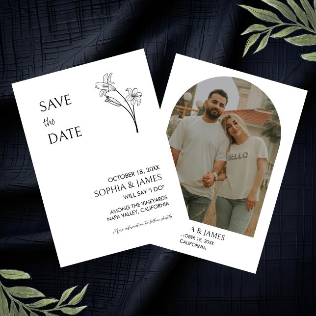 Elegant Floral Minimalist Photo Save the Date  (A minimalist save the date card featuring a couple's photo, names, and wedding date.)