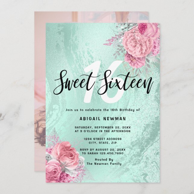 Elegant floral mint green glitter sweet sixteen invitation (Front/Back)