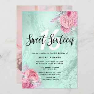 Elegant floral mint green glitter sweet sixteen invitation