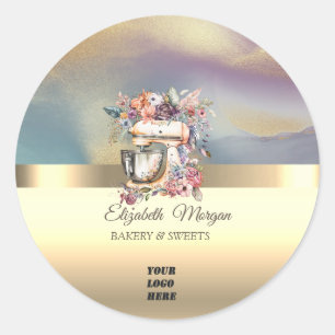 Elegant Floral Mixer Bakery Gold Your Logo Classic Round Sticker