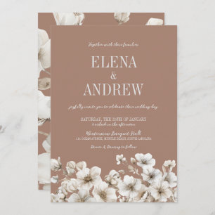 Elegant Floral Mocha Brown and White Wedding Invitation