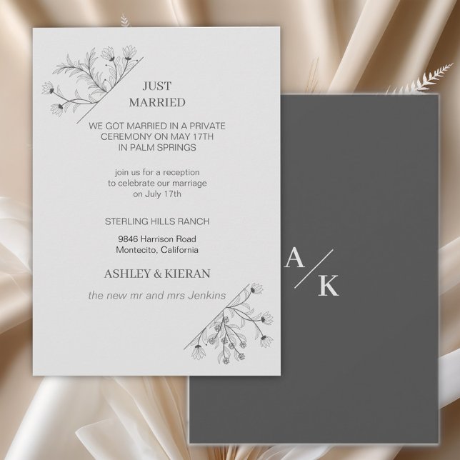 Elegant Floral Modern Grey Just Married Invitation (Creator Uploaded)
