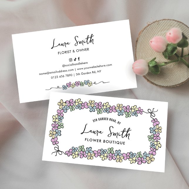 Elegant Floral Modern Hand Drawn Botanical Business Card (Feminine floral design business cards with hand drawn flower motifs and trendy script fonts)