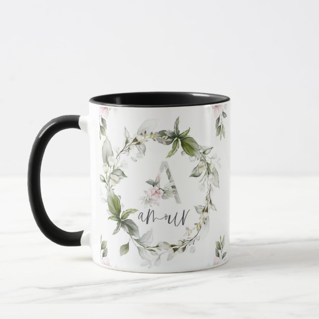 Elegant Floral Monogram 'A' - Amour Mug (Left)