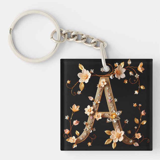 Elegant Floral Monogram A with Intricate Design Key Ring (Front)