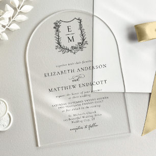 Elegant Floral Monogram Crest Arch Wedding Acrylic Invitations