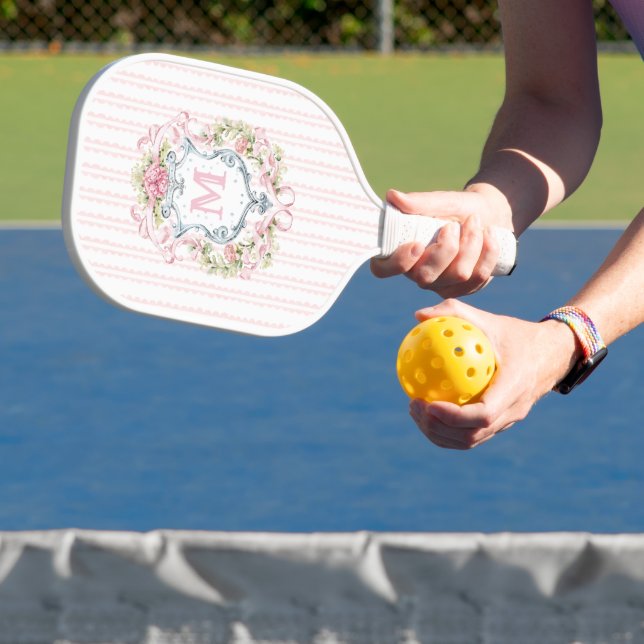 Elegant Floral Monogram Crest Pickleball Paddle (Insitu)