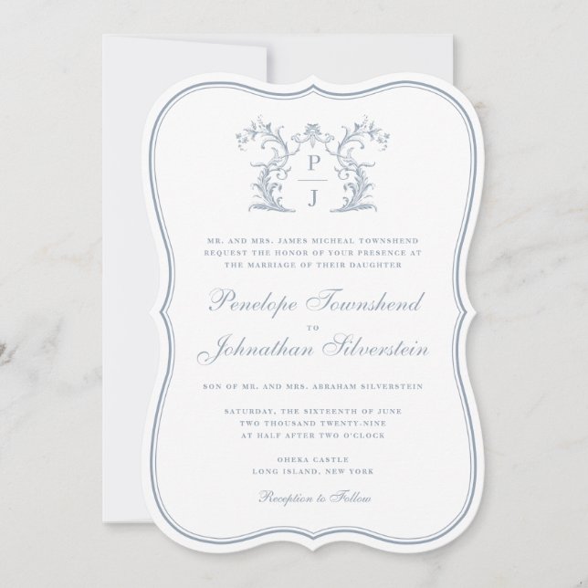 Elegant Floral Monogram Crest Regency Wedding Invitation (Front)