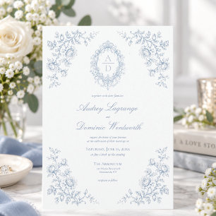 Elegant Floral Monogram Crest Wedding Invitation