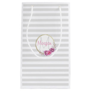 Elegant Floral Monogram Grey Stripes Custom Small Gift Bag