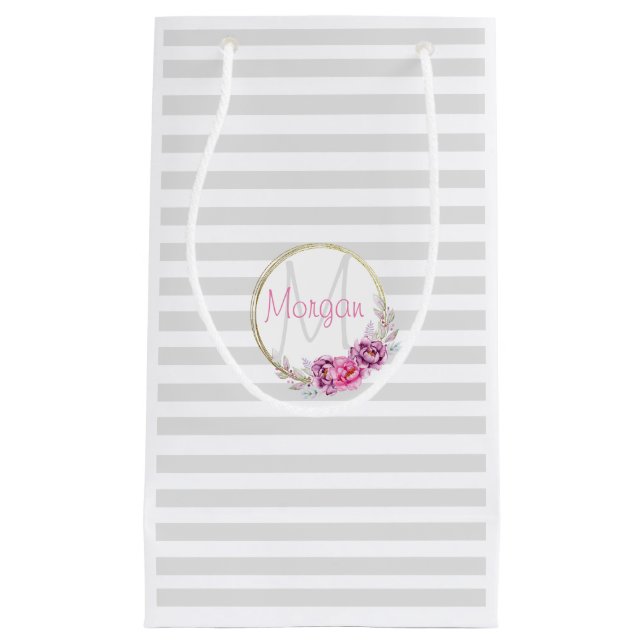 Elegant Floral Monogram Grey Stripes Custom Small Gift Bag (Front)