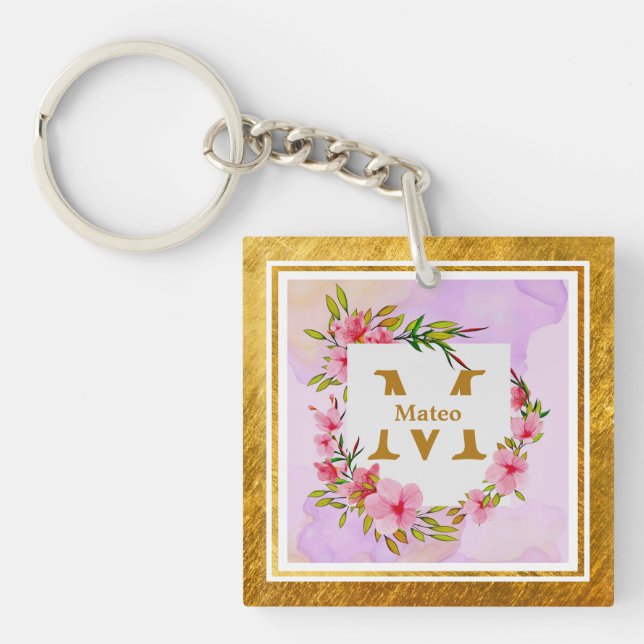 Elegant Floral Monogram I Name & Initial Key Ring (Front)