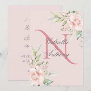 Elegant Floral Monogram Initial Pink Wedding Invitation