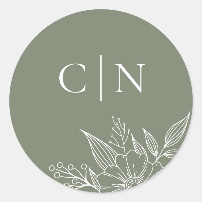 Elegant Floral Monogram Initials Sage Wedding  Classic Round Sticker (Front)