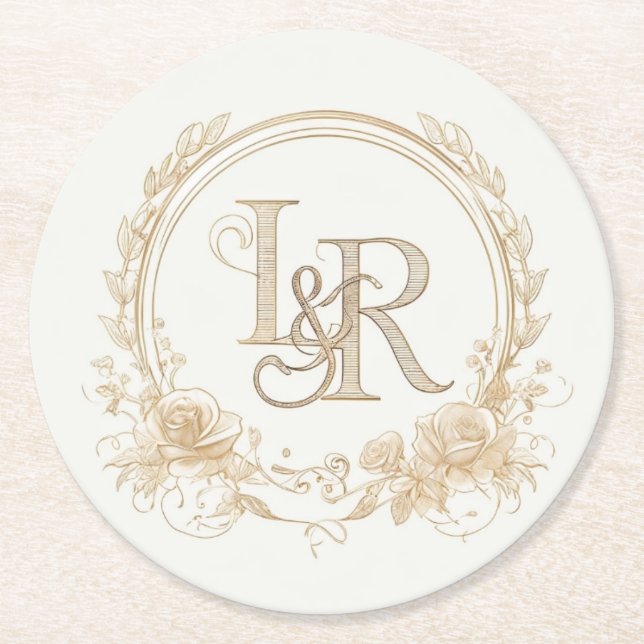 Elegant Floral Monogram “L & R” Paper Coasters  (Front)