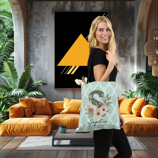 Elegant Floral Monogram – Mint Green Botanical Art Tote Bag (Creator Uploaded)