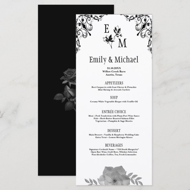 Elegant Floral Monogram Ornate Wedding Menu (Front/Back)