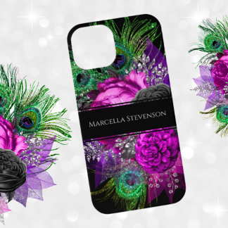 Elegant Floral Monogram Peacock Feather Glitter iPhone 14 Case