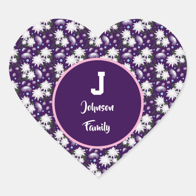Elegant Floral Monogram Personalised Gift Design Heart Sticker (Front)