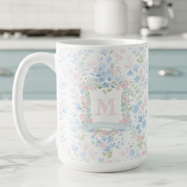 Elegant Floral Monogram Personalized Mug (elegant preppy girly floral grandmillennial family crest monogram personalized mug)