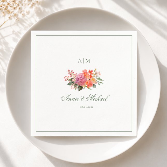  Elegant Floral Monogram Script Border Wedding Napkin (Elegant Floral Monogram Script Border Wedding Napkins)