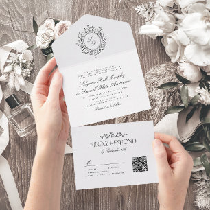 Elegant Floral Monogram Simple Vintage Wedding All In One Invitation