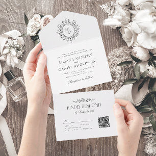 Elegant Floral Monogram Simple Vintage Wedding All In One Invitation