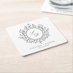 Elegant Floral Monogram Simple Vintage Wedding Square Paper Coaster