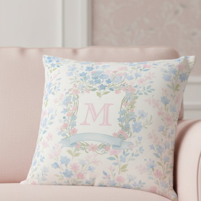 Elegant Floral Monogram Throw Pillow (elegant grandmillennial floral throw pillow with pastel pink and blue flowers custom family crest)
