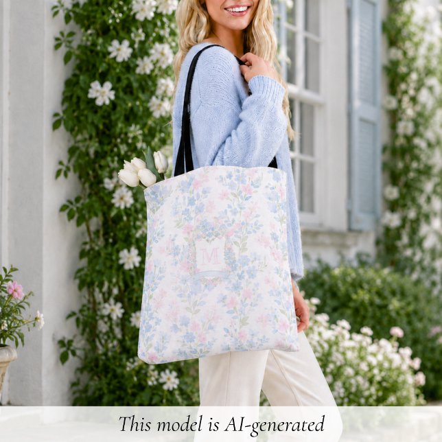 Elegant Floral Monogram Tote Bag (elegant girly preppy grandmillennial floral tote bag with custom initial monogram in family crest)