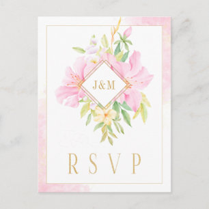 Elegant Floral Monogram Watercolor Pink Gold RSVP Postcard