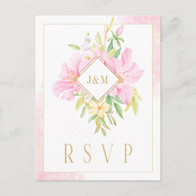 Elegant Floral Monogram Watercolor Pink Gold RSVP Postcard (Front)