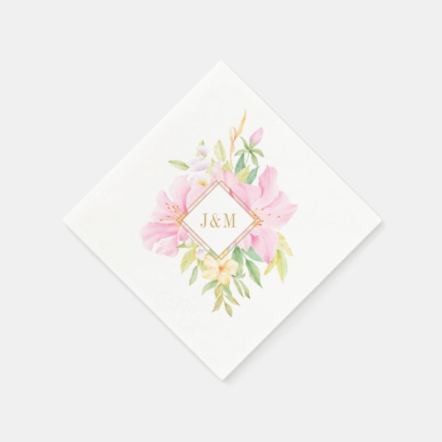 Elegant Floral Monogram Watercolor Pink Wedding Napkin (Corner)