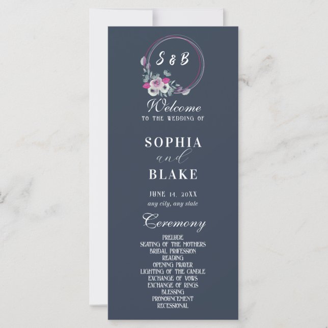 Elegant Floral Monogrammed Blue Wedding Program (Front)