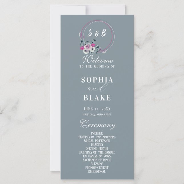 Elegant Floral Monogrammed Grey Wedding Program (Front)