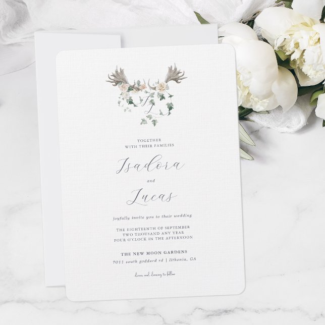 Elegant Floral Moose Antler Wedding Crest Invitation (Creator Uploaded)