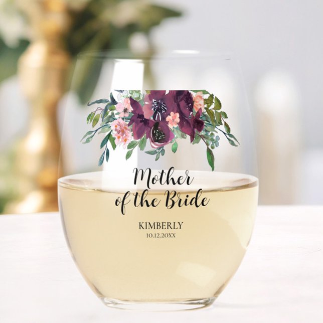 Elegant Floral Mother of the Bride Groom Stemless Wine Glass (Looking for a fun, trendy yet elegant gift for the Mother of the Bride and/or Mother of the Groom? )