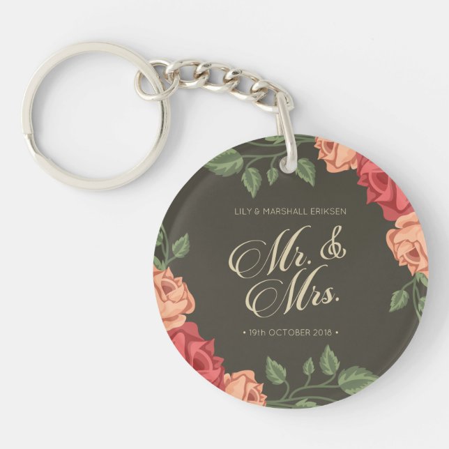 Elegant Floral Mr & Mrs Wedding | Keychain (Front)