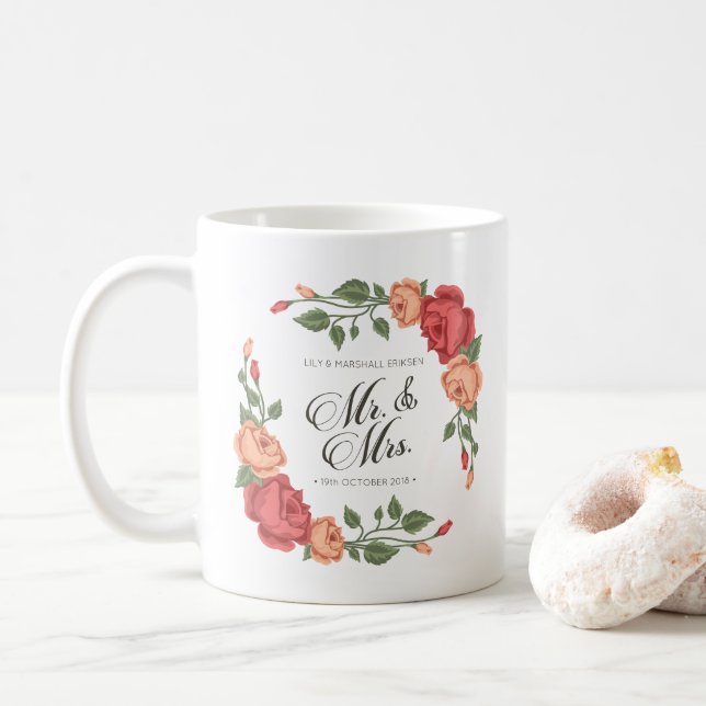 Elegant Floral Mr & Mrs Wedding | Mug (With Donut)