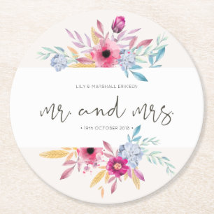 Elegant Floral Mr & Mrs Wedding   Paper Coaster
