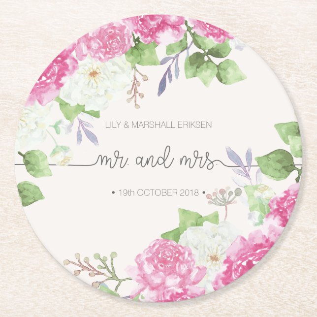 Elegant Floral Mr & Mrs Wedding | Paper Coaster (Front)