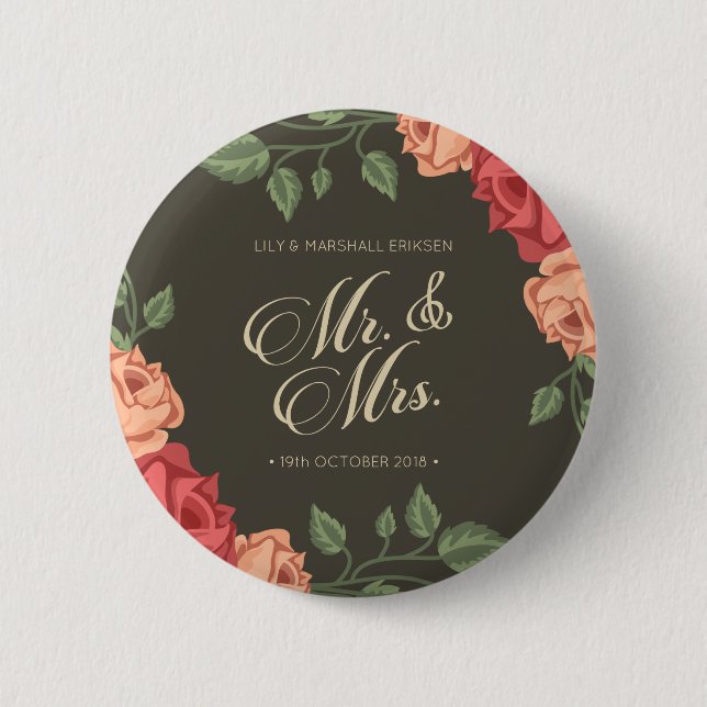Elegant Floral Mr & Mrs Wedding | Pin Button (Front)