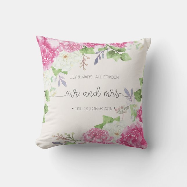 Elegant Floral Mr & Mrs Wedding | Throw Pillow (Front)
