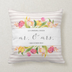 Elegant Floral Mr & Mrs Wedding Throw Pillow