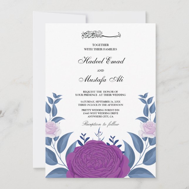 Elegant floral muslim wedding invitations (Front)