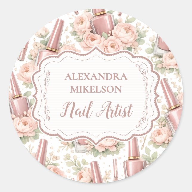 Elegant Floral Nail Artist Business Classic Round Sticker (Front)