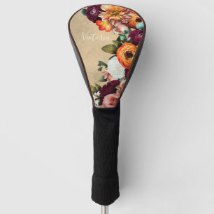 Elegant Floral Name Script Customised Rustic Golf Head Cover