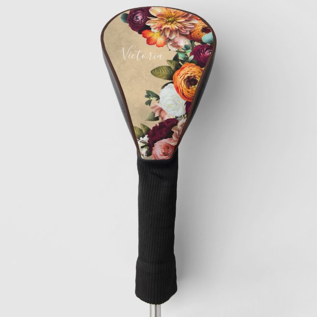 Elegant Floral Name Script Customised Rustic  Golf Head Cover (Front)