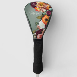 Elegant Floral Name Script Customised Sage Green Golf Head Cover